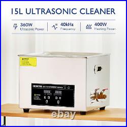 CREWORKS Ultrasonic Cleaning Machine 60W Sonic Cavitator w Heater Timer 15L Tank